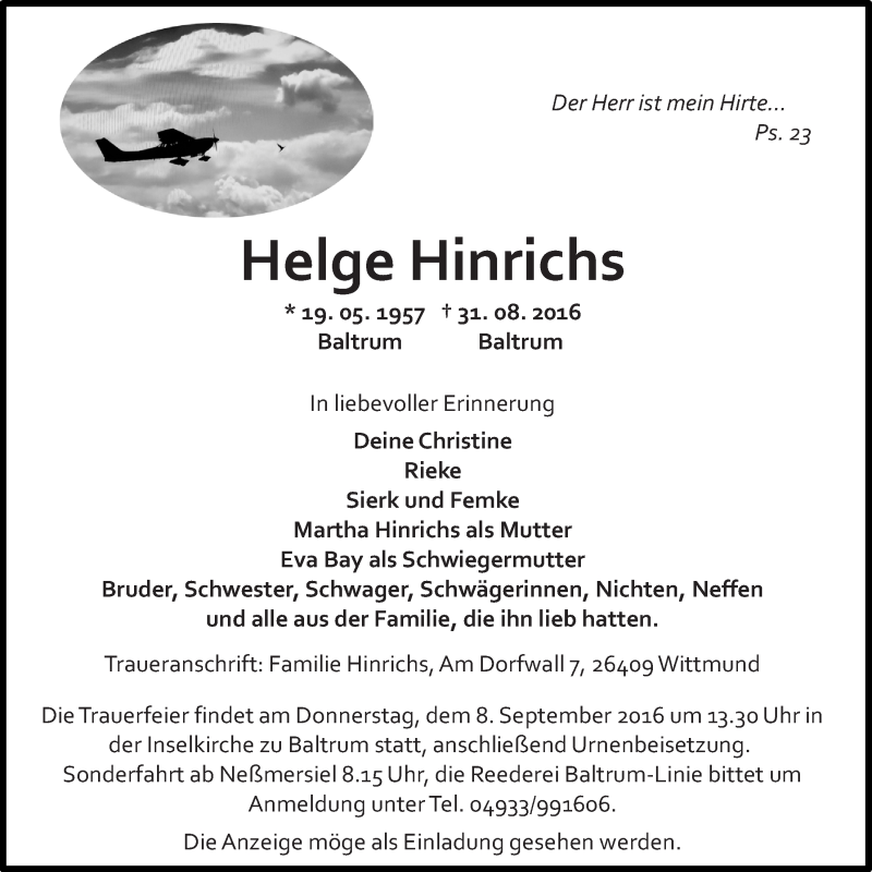  Traueranzeige für Helge Hinrichs vom 03.09.2016 aus 