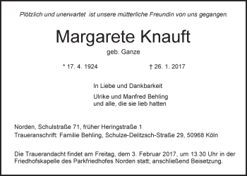 Traueranzeige von Margarete Knauft 