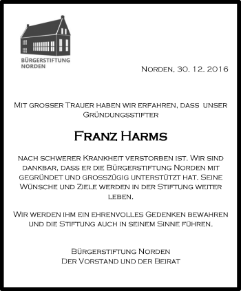 Traueranzeige von Franz Harms 