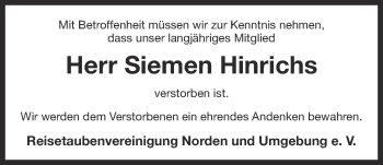 Traueranzeige von Siemen Hinrichs 
