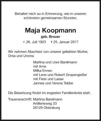 Traueranzeige von Maja Koopmann 