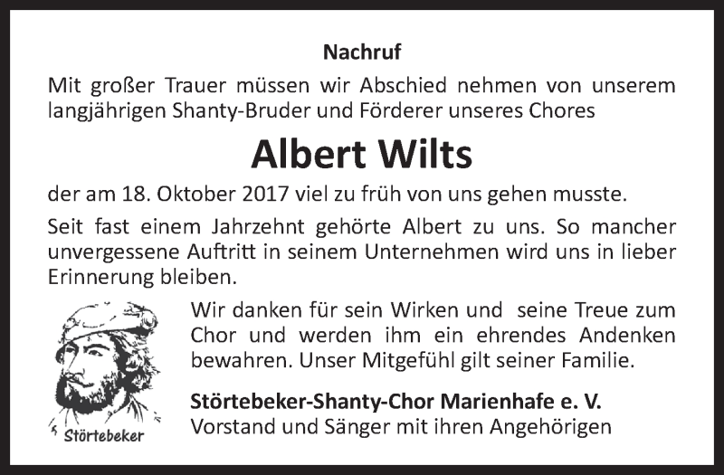  Traueranzeige für Albert Wilts vom 21.10.2017 aus 