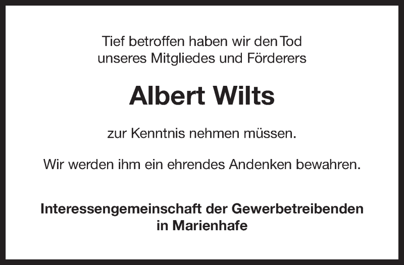  Traueranzeige für Albert Wilts vom 20.10.2017 aus 
