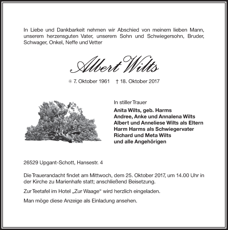  Traueranzeige für Albert Wilts vom 19.10.2017 aus 