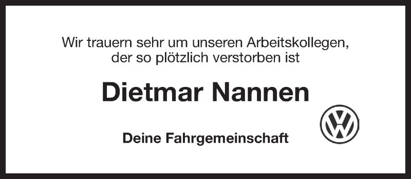  Traueranzeige für Dietmar Nannen vom 21.10.2017 aus 