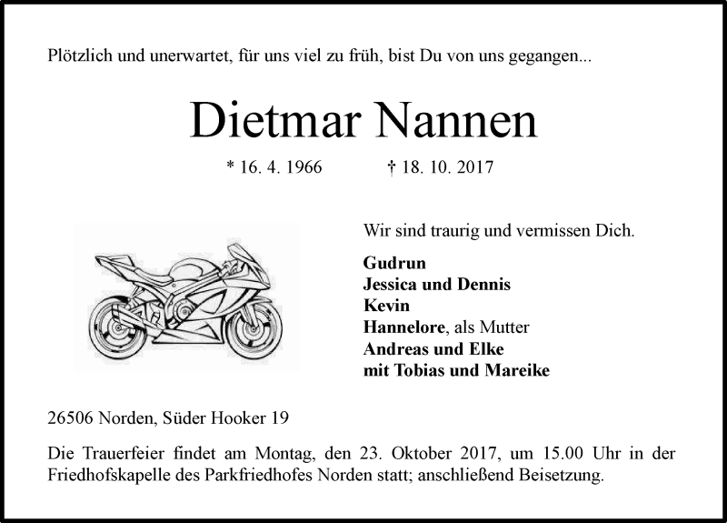  Traueranzeige für Dietmar Nannen vom 19.10.2017 aus 