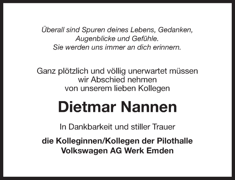  Traueranzeige für Dietmar Nannen vom 21.10.2017 aus 