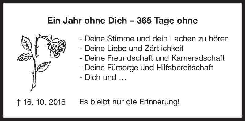  Traueranzeige für Ein Jahr ohne Dich  vom 16.10.2017 aus Ostfrisischer Kurier