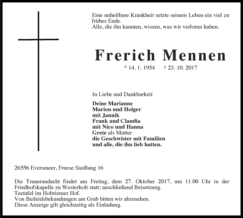  Traueranzeige für Frerich Mennen vom 24.10.2017 aus 