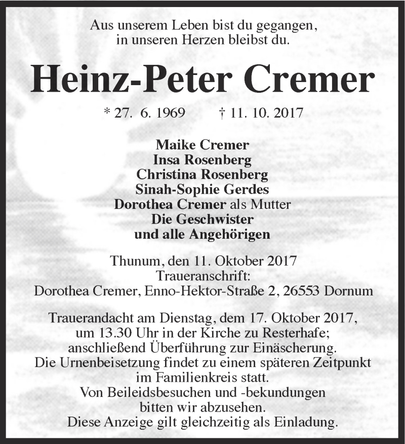  Traueranzeige für Heinz-Peter Cremer vom 14.10.2017 aus 