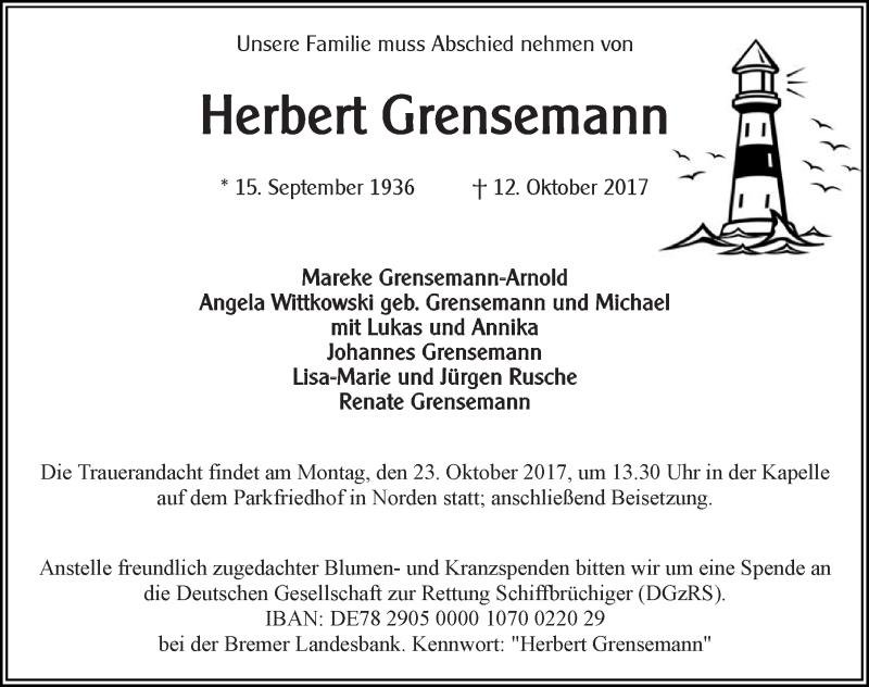  Traueranzeige für Herbert Grensemann vom 19.10.2017 aus 