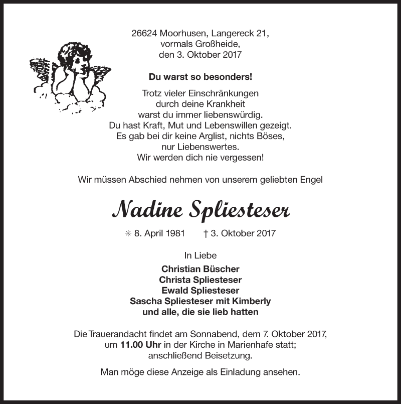  Traueranzeige für Nadine Spliesteser vom 05.10.2017 aus 