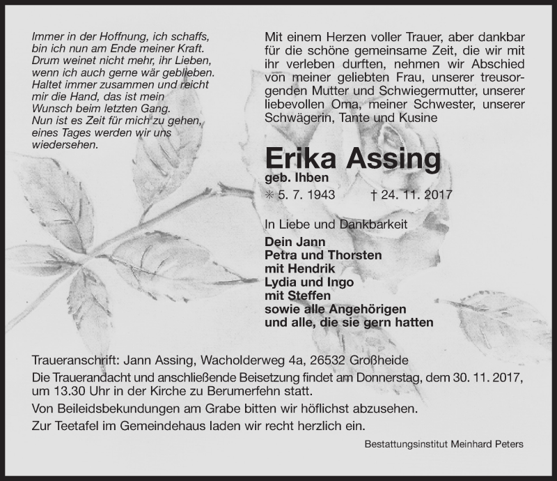  Traueranzeige für Erika Assing vom 27.11.2017 aus 