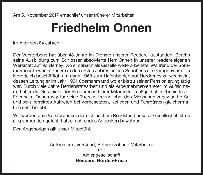  Traueranzeige für Friedhelm Onnen vom 07.11.2017 aus 