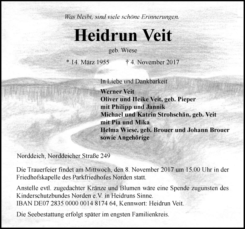  Traueranzeige für Heidrun Veit vom 06.11.2017 aus Ostfrisischer Kurier