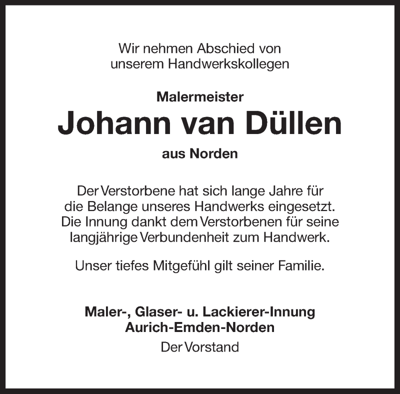  Traueranzeige für Johann van Düllen vom 04.11.2017 aus 