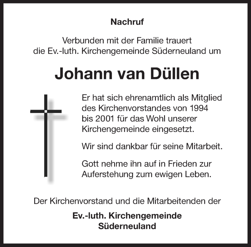  Traueranzeige für Johann van Düllen vom 04.11.2017 aus 