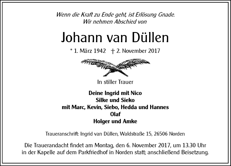  Traueranzeige für Johann van Düllen vom 03.11.2017 aus 