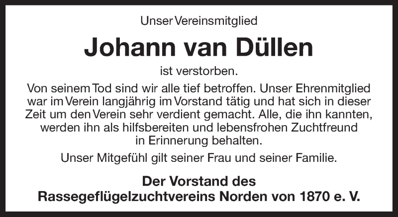  Traueranzeige für Johann van Düllen vom 04.11.2017 aus 