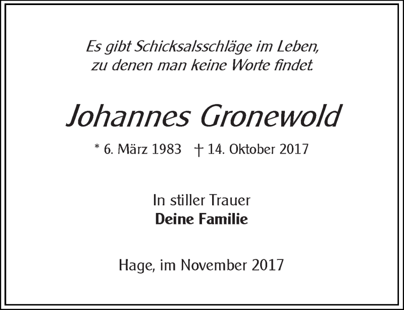  Traueranzeige für Johannes Gronewold vom 11.11.2017 aus 