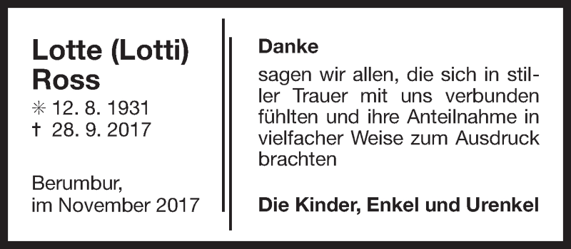  Traueranzeige für Lotte Ross vom 11.11.2017 aus 