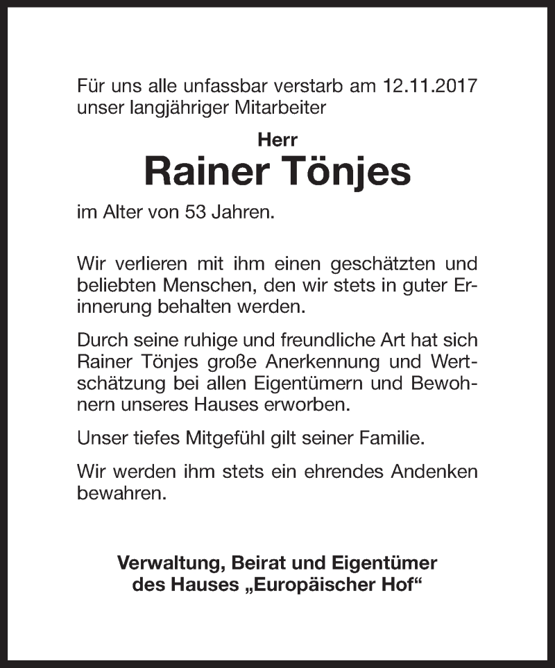  Traueranzeige für Rainer Tönjes vom 18.11.2017 aus 