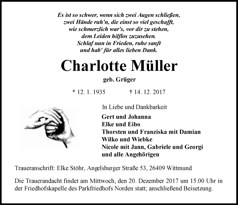  Traueranzeige für Charlotte Müller vom 19.12.2017 aus 