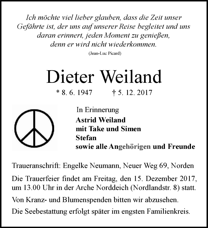  Traueranzeige für Dieter Weiland vom 07.12.2017 aus 
