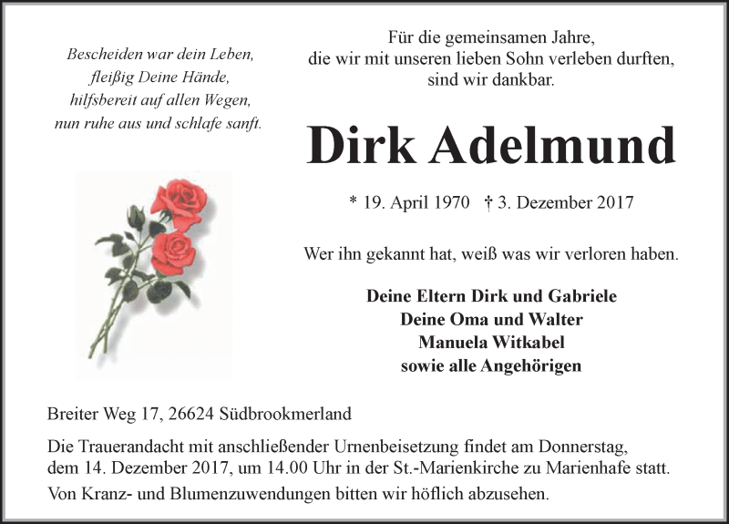  Traueranzeige für Dirk Adelmund vom 09.12.2017 aus 