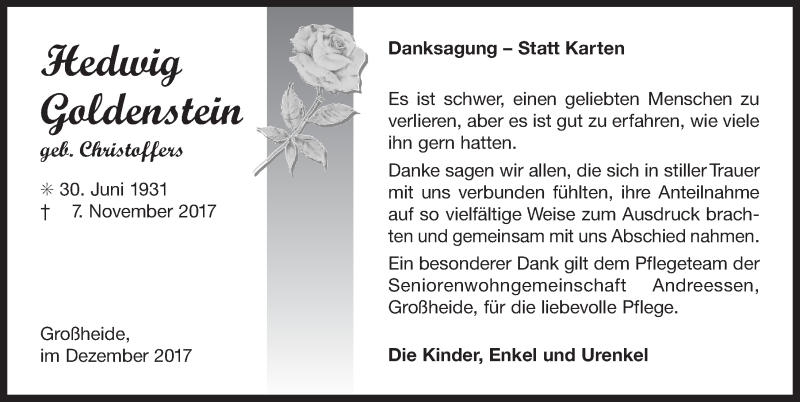  Traueranzeige für Hedwig Goldenstein vom 09.12.2017 aus 