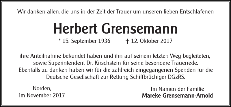  Traueranzeige für Herbert Grensemann vom 29.11.2017 aus 