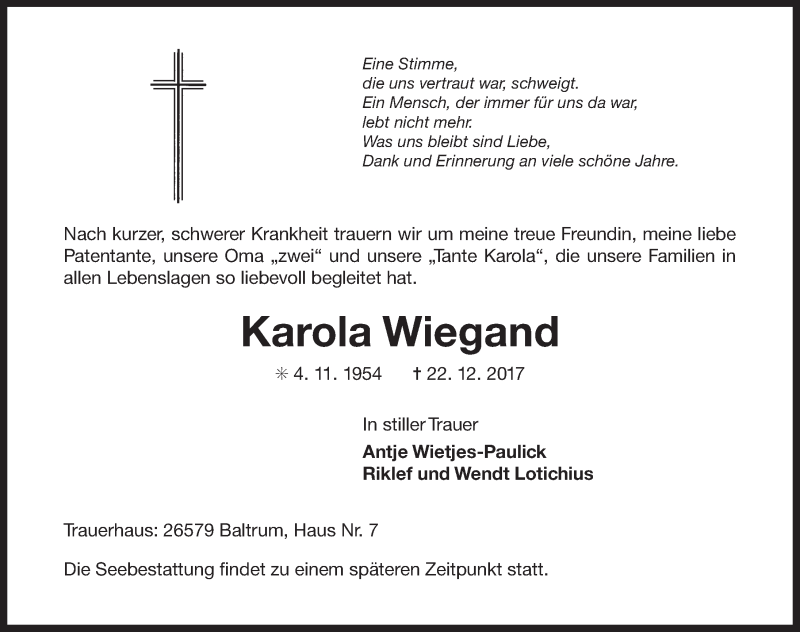  Traueranzeige für Karola Wiegand vom 29.12.2017 aus 