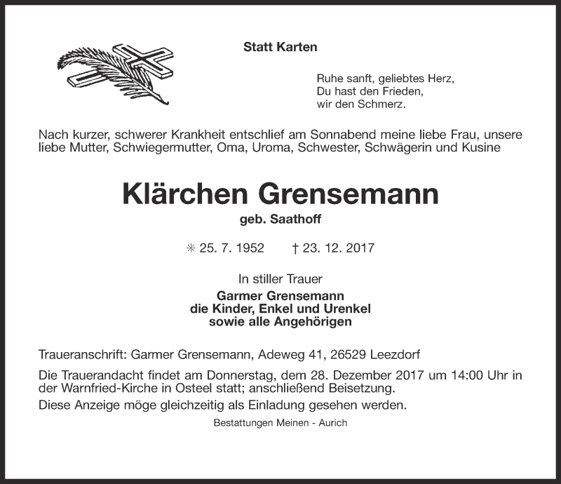  Traueranzeige für Klärchen Grensemann vom 27.12.2017 aus 