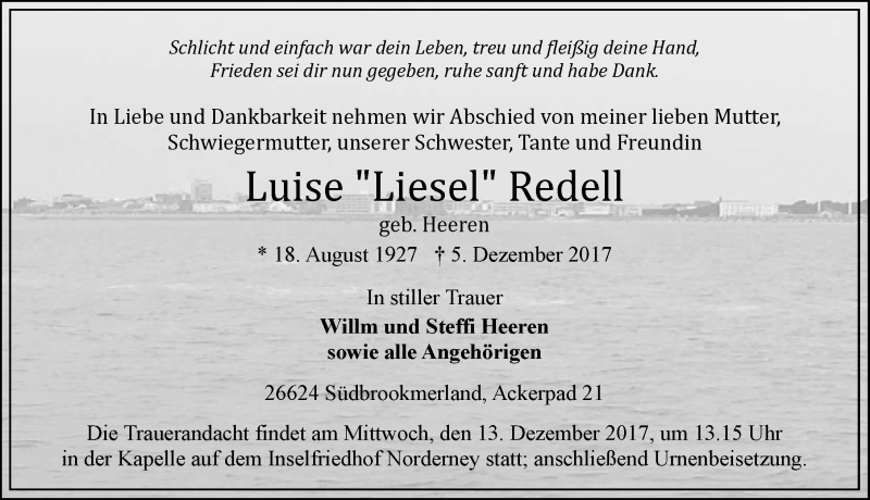  Traueranzeige für Luise Redell vom 08.12.2017 aus 