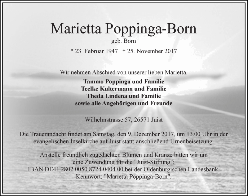  Traueranzeige für Marietta Poppinga-Born vom 02.12.2017 aus 