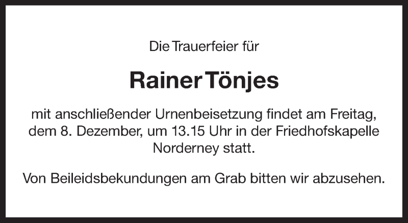  Traueranzeige für Rainer Tönjes vom 06.12.2017 aus 
