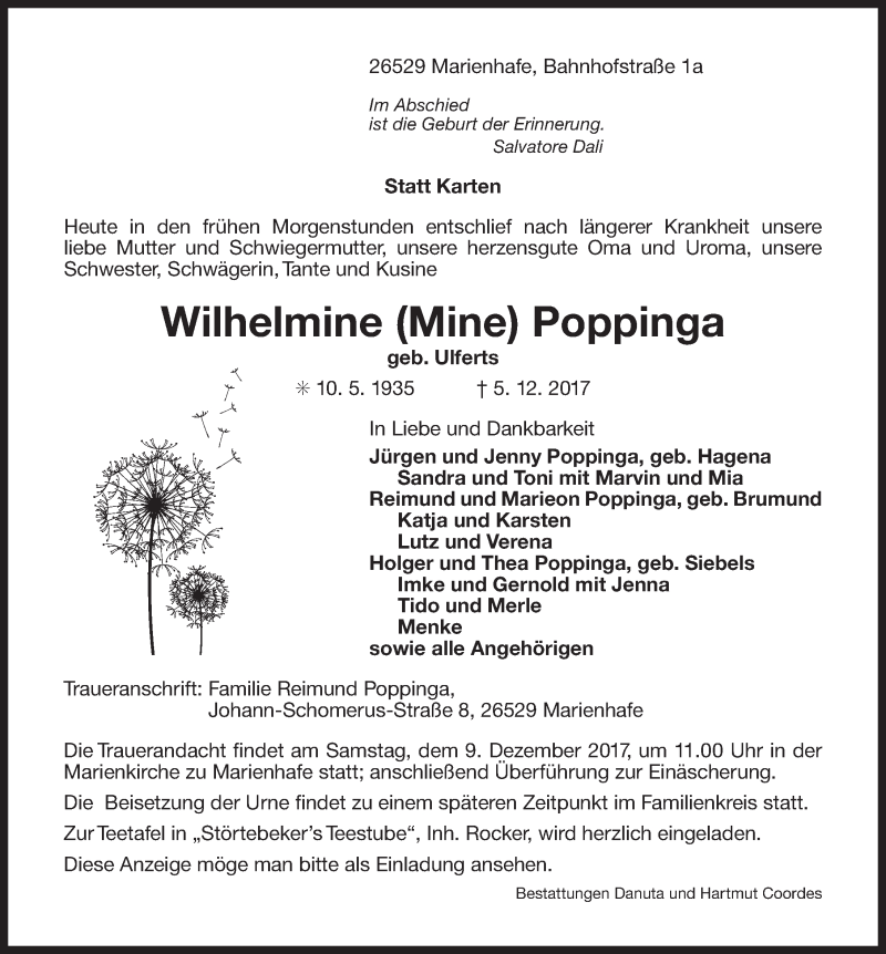  Traueranzeige für Wilhelmine Mine Poppinga vom 06.12.2017 aus 