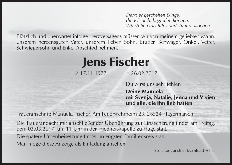  Traueranzeige für Jens Fischer vom 28.02.2017 aus 