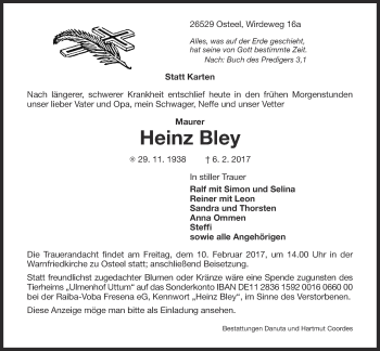 Traueranzeige von Heinz Bley 