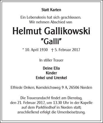 Traueranzeige von Helmut Gallikowski 