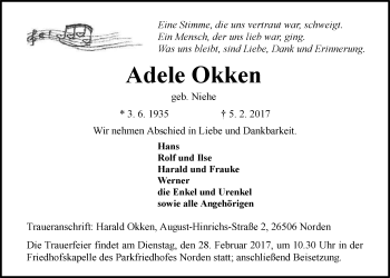 Traueranzeige von Adele Okken 