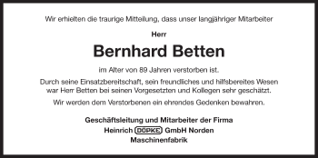 Traueranzeige von Bernhard Betten 