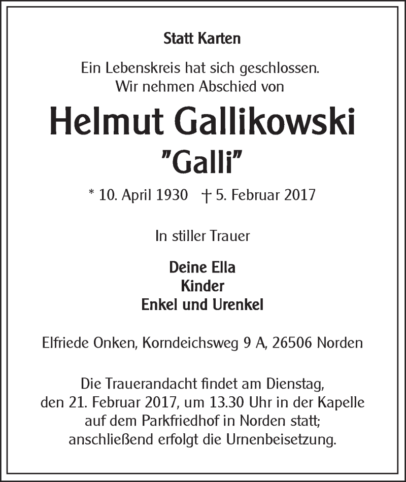  Traueranzeige für Helmut Gallikowski vom 08.02.2017 aus 