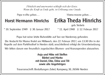 Traueranzeige von Horst Hermann und Erika Theda Hinrichs 