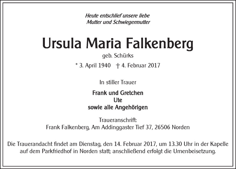  Traueranzeige für Ursula Maria Falkenberg vom 08.02.2017 aus 