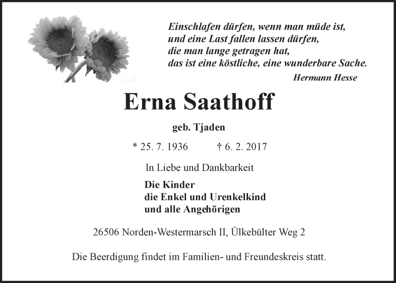  Traueranzeige für Erna Saathoff vom 08.02.2017 aus 