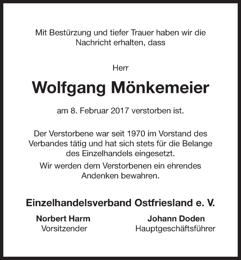  Traueranzeige für Wolfgang Mönkemeier vom 11.02.2017 aus 
