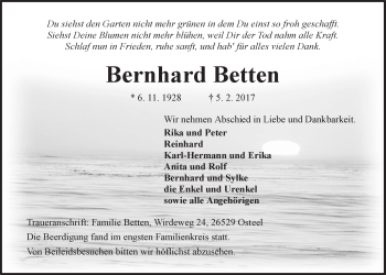 Traueranzeige von Bernhard Betten 