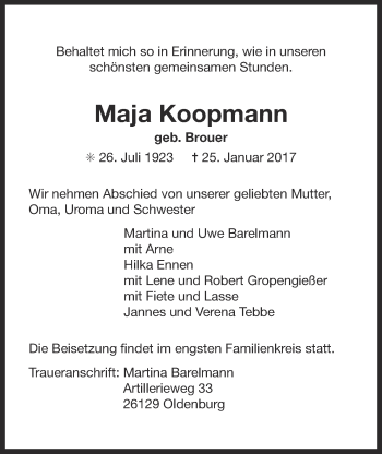 Traueranzeige von Maja Koopmann 