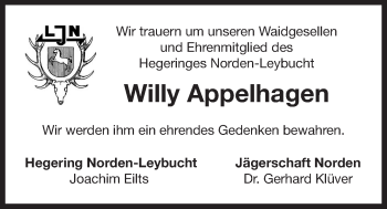 Traueranzeige von Willy Appelhagen 